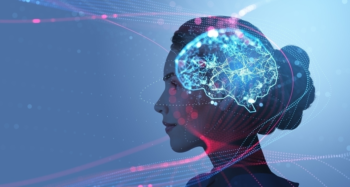 Woman profile with glowing brain neural connections illustrating NAD for brain health and cognitive function
