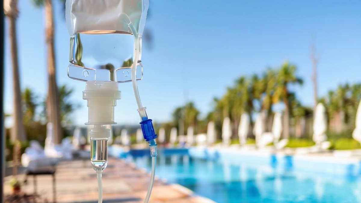 Mobile IV therapy for group events: an IV bag set up poolside at a resort-style outdoor gathering