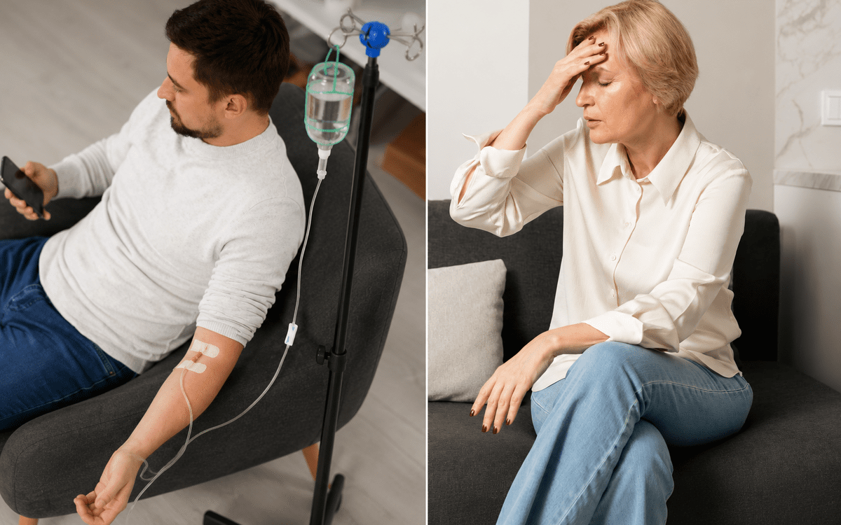 Mobile IV therapy vs urgent care: split image of a man receiving IV therapy at home next to a woman with symptoms that may need urgent care