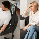 Mobile IV therapy vs urgent care: split image of a man receiving IV therapy at home next to a woman with symptoms that may need urgent care
