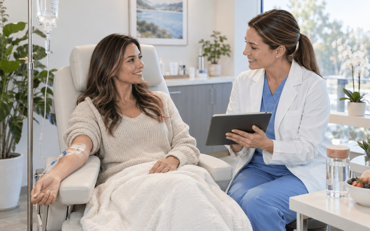 NAD+ IV therapy with semaglutide: provider reviewing a patient's treatment plan on a tablet during an infusion