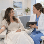 NAD+ IV therapy with semaglutide: provider reviewing a patient's treatment plan on a tablet during an infusion