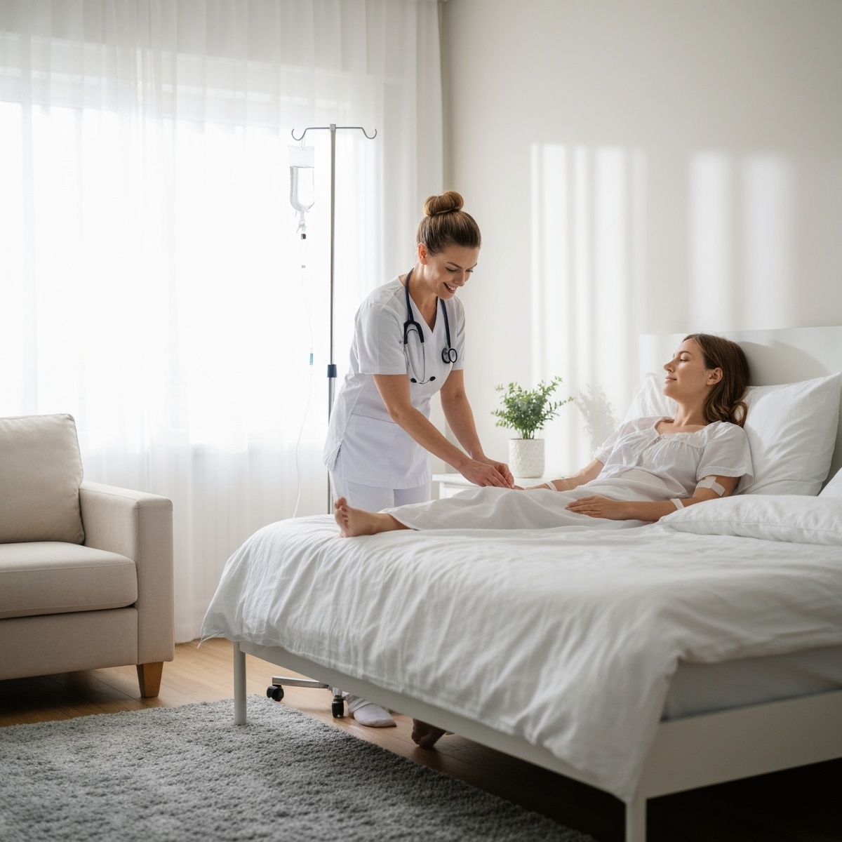 Mobile IV therapy in Grand Prairie: nurse tending to a patient resting in bed during an in-home IV session